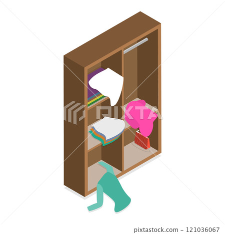 3D Isometric Flat Set of Scattered and Messy Clothes. Item 1 3D Isometric Flat Set of Scattered and Messy Clothes. Item 1 121036067