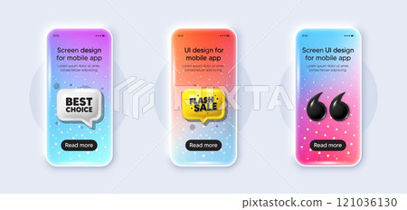 Phone 3d mockup gradient screen. Best choice tag. Special offer Sale sign. Advertising Discounts symbol. Best choice phone mockup message. Flash sale chat speech bubble. Yellow text box app. Vector 121036130