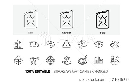 Palette, Opened box and Buildings line icons. Pack of Lighthouse, Canister, Warning icon. Paint roller, Return package, Truck delivery pictogram. Parcel tracking, Diesel station, Charging time. Vector Palette, Opened box and Buildings line icons. Pack of Lighthouse, Canister, Warning icon. Paint roller, Return package, Truck delivery pictogram. Parcel tracking, Diesel station, Charging time. Vector 121036234