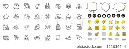 Set of Food delivery, Chemistry atom and Technical documentation line icons for web app. Design elements, Social media icons. Petrol station, Puzzle image, Fireworks icons. Vector 121036244