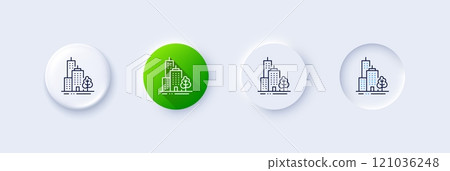 Skyscraper buildings line icon. Neumorphic, Green gradient, 3d pin buttons. City architecture with tree sign. Town symbol. Line icons. Neumorphic buttons with outline signs. Vector Skyscraper buildings line icon. Neumorphic, Green gradient, 3d pin buttons. City architecture with tree sign. Town symbol. Line icons. Neumorphic buttons with outline signs. Vector 121036248