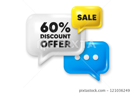 60 percent discount tag. Offer speech bubble 3d icon. Sale offer price sign. Special offer symbol. Discount chat offer. Speech bubble sale banner. Discount balloon. Vector 60 percent discount tag. Offer speech bubble 3d icon. Sale offer price sign. Special offer symbol. Discount chat offer. Speech bubble sale banner. Discount balloon. Vector 121036249
