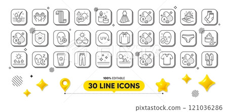 24 hours, Sun protection and Panties line icons pack. 3d design elements. Wash hands, Sleep, Dress web icon. Vitamin h1, Uv protection, T-shirt pictogram. Vitamin a, Night cream, Scarf. Vector 121036286