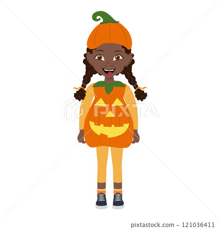 Flat  Illustration of Cute African American Kid Girl Wearing a Pumpkin Halloween Costume. Item 2 121036411