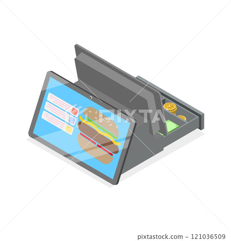 3D Isometric Flat Illustration of Fast Food Checkout Terminal. Item 1 3D Isometric Flat Illustration of Fast Food Checkout Terminal. Item 1 121036509