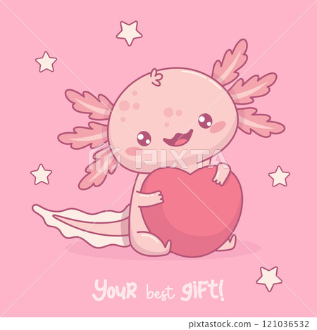 Cute Romantic Axolotl hugs big heart. Little festive cartoon pink kawaii character. Vector illustration. Holiday postcard valentine. 121036532