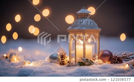 Festive Christmas Lantern Glowing In The Snowy Evening Night, Adorned With Decorations And Ornaments - Candlelight With Snowfall And Blurry Abstract Lights Festive Christmas Lantern Glowing In The Snowy Evening Night, Adorned With Decorations And Ornaments - Candlelight With Snowfall And Blurry Abstract Lights 121036577