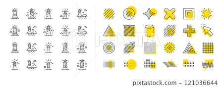 Searchlight tower with seagull for marine navigation of ships. Design shape elements. Lighthouse line icons. Sea pharos, lighthouse or beacon icons. Vector 121036644