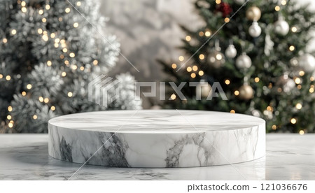 Festive Stone Podium For The Holidays: Festive Marble Scene, Empty Winter Pedestal With A Front View Of A Christmas Tree. 121036676