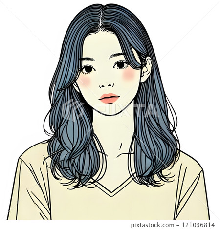 A young woman with wavy medium hair wearing a V-neck shirt 121036814