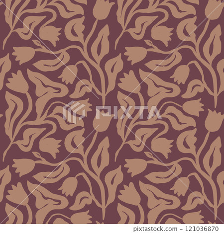 Brush strokes inky flowers brown seamless pattern 121036870