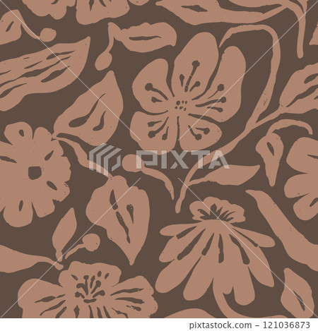 Brush strokes inky flowers brown seamless pattern 121036873