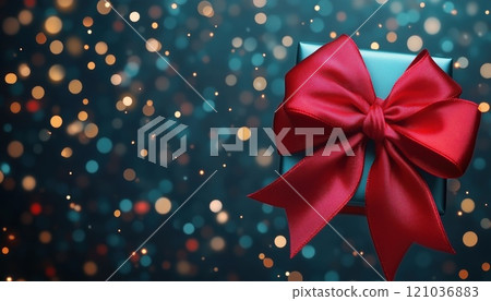 Luxurious New Year And Christmas Gift Boxes With A Large Red Bow Amidst Twinkling Party Lights In Bokeh. Celebrating Christmastime. 121036883