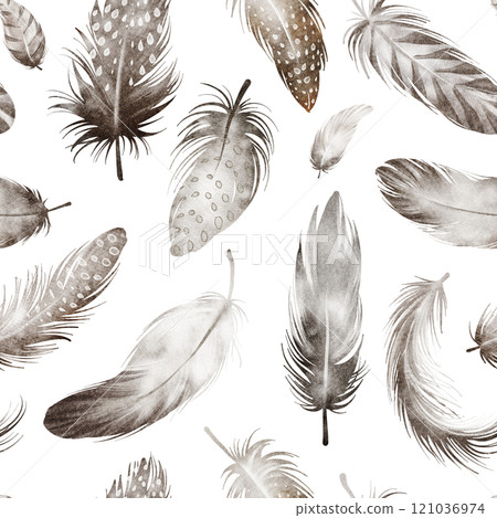 Watercolor seamless pattern with feathers and plumes. Hand-drawn illustration of avian motifs with a vintage and ethnic touch. Perfect for textile, wallpaper, or wrapping paper design. 121036974