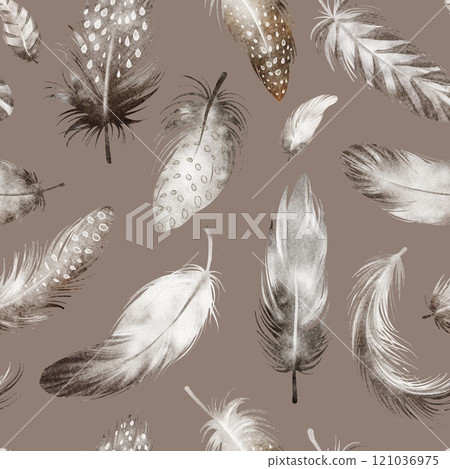 Watercolor seamless pattern with feathers and plumes. Hand-drawn illustration of avian motifs with a vintage and ethnic touch. Perfect for textile, wallpaper, or wrapping paper design. 121036975