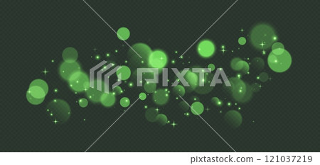 Green bokeh with stars and sparkles, shiny overlay decoration isolated on grey background. 121037219