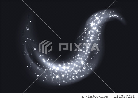 Silver magic cloud with sparkles, stardust sparkling background. Glowing glitter smoke trail. 121037231
