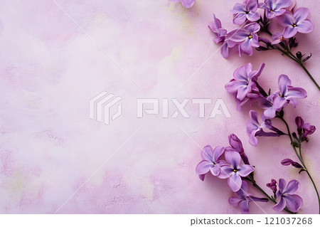 Delicate lilac blooms are artfully spread across a pastel lavender surface, creating a soothing and peaceful vibe perfect for relaxation and reflection. 121037268