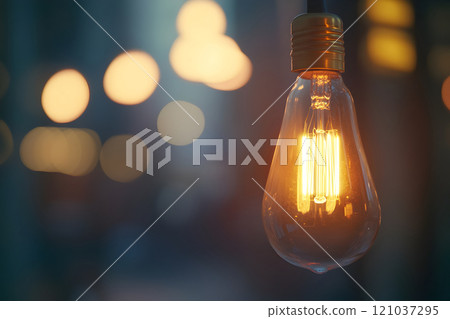 A warm incandescent bulb hangs gracefully, casting a soft glow against a backdrop of blurred lights, creating a peaceful ambiance that invites reflection and calm on a cool evening. 121037295