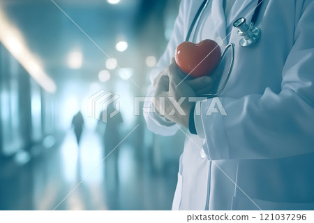 A compassionate healthcare professional holds a bright red heart close, symbolizing life and dedication, amidst a softly lit hospital corridor bustling with activity. 121037296