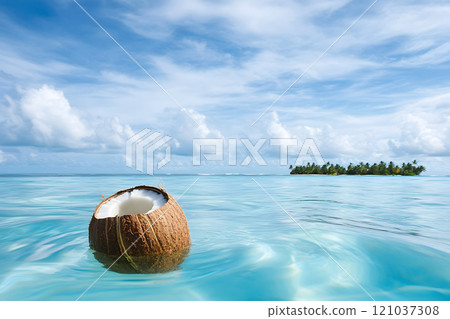 A coconut floats gracefully on calm, crystal-clear waters, reflecting the vibrant blues of the sea and sky, while a distant island with lush greenery provides a serene backdrop. 121037308