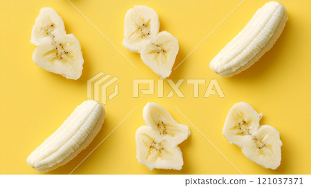 Bright yellow backdrop sets the stage for delightful banana slices, artistically scattered to evoke a sense of freshness and creativity, showcasing nature's sweetness in a fun presentation. 121037371