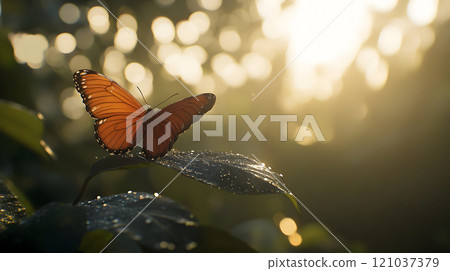 In a serene forest setting, a vibrant orange butterfly lands on a dew-kissed leaf. The warm sunlight filters through the trees, enhancing the enchanting atmosphere of the early morning. 121037379