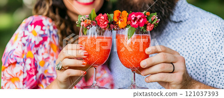 A joyful couple raises their glasses filled with bright, fruity cocktails adorned with fresh flowers. 121037393