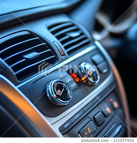 Sleek climate control dials and a digital display dominate the interior of a modern car, showcasing a blend of technology and comfort. This stylish cockpit offers an inviting driving experience. 121037420