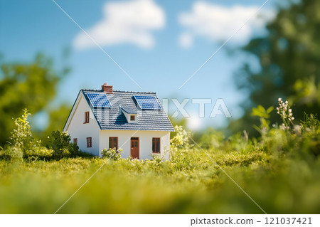 This charming small house, adorned with solar panels, sits in lush green grass under a serene blue sky, embodying tranquility and sustainability. 121037421