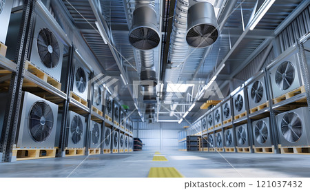 Large warehouse features an elaborate cooling system with numerous metallic cooling units. Large warehouse features an elaborate cooling system with numerous metallic cooling units. 121037432