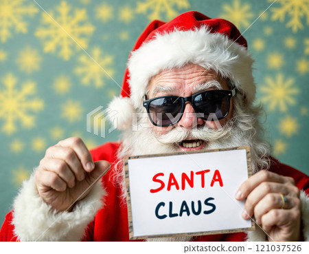 Festive character with a white beard and red suit cheerfully displays a sign reading Santa Claus. 121037526