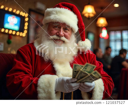 A cheerful figure dressed in a classic red and white suit joyfully counts bills at a lively holiday event. 121037527