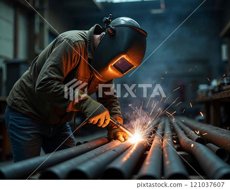 Under the warm glow of a welding mask, a skilled worker carefully joins metal pipes in a busy workshop. Sparks fly as craftsmanship meets artistry, revealing the beauty of metalwork. 121037607
