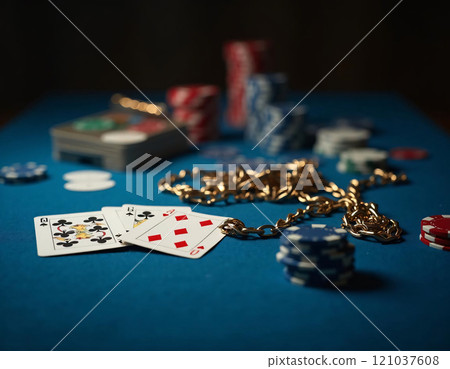 On a dramatic blue surface, playing cards lie beside colorful casino chips, all surrounded by heavy chains. 121037608