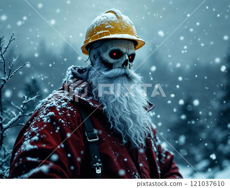 In a frosty landscape, a mysterious figure stands resolutely amidst swirling snowflakes. 121037610