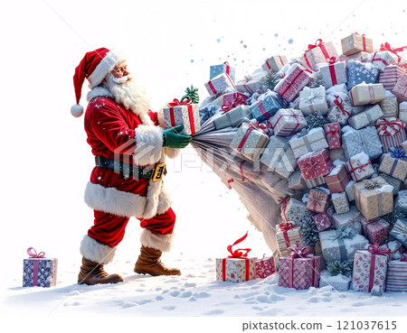 Joyful Santa Claus stands in a snowy landscape, joyfully revealing a mound of colorful gifts. The magical atmosphere radiates festive spirit, inviting everyone to celebrate the season. 121037615