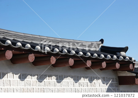 Stone wall of a traditional Korean house	 121037872