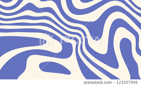 Wavy blue and beige abstract pattern. Psychedelic trippy retro background in groovy y2k style. Liquid marble or maze 121037956