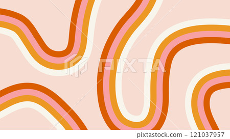 Abstract pastel groovy background. Curve rainbow stripes on beige backdrop. Horizontal template for banner, social media, advertisements, presentations, poster, print Abstract pastel groovy background. Curve rainbow stripes on beige backdrop. Horizontal template for banner, social media, advertisements, presentations, poster, print 121037957