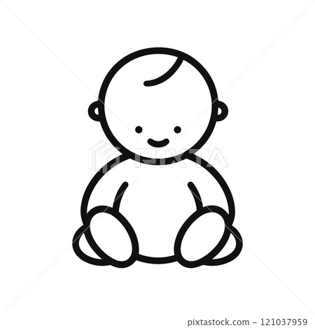 Cute baby sitting, simple line vector icon. Abstract small children logo in black and white colors Cute baby sitting, simple line vector icon. Abstract small children logo in black and white colors 121037959