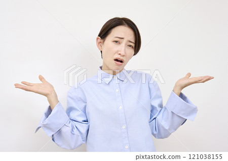 Woman giving up white background 121038155