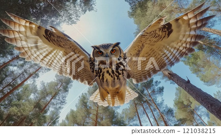 Eurasian Eagle Owl Soaring With Spread Wings In Forest Environment Featuring Trees, Captured With Wide Angle Lens Camera. Eurasian Eagle Owl Soaring With Spread Wings In Forest Environment Featuring Trees, Captured With Wide Angle Lens Camera. 121038215