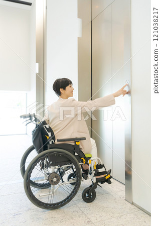 A woman in a wheelchair trying to get into an elevator 121038217