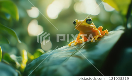 Golden-Eyed Leaf Frog: A Green Yellow Frog In Its Natural Habitat In Corcovado, Costa Rica. A Tropical Forest Amphibian In Central America Wildlife. 121038219