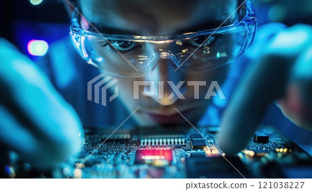 Scientist Studying A Microchip On A Motherboard: Exploring The Intricacies Of Technological Components Through Close Observation. Scientist Studying A Microchip On A Motherboard: Exploring The Intricacies Of Technological Components Through Close Observation. 121038227