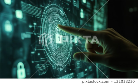 Interactive Cybersecurity Interface: Hand-Touch Virtual Screen With A Padlock Symbol And Digital Protection Methods For Enhanced Security Measures. 121038230