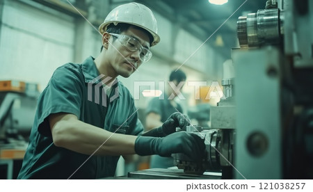 Asian Mechanical Workers Operating Milling Machine With Safety Precautions. Team Leader Supervising Job Task In Protective Gear. 121038257