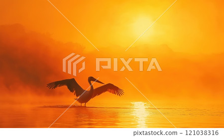 Dalmatian Pelican Landing In Lake Kerkini At Sunrise: Majestic Wildlife Scene With Open Wings, Orange Sky, And Fog In Europe. Dalmatian Pelican Landing In Lake Kerkini At Sunrise: Majestic Wildlife Scene With Open Wings, Orange Sky, And Fog In Europe. 121038316