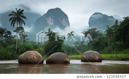 Tropical Mountain Forest And River With Large Stones And Trees In Colombia Landscape Of South America. 121038337